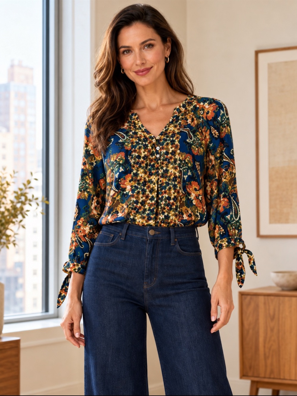 Figueroa & Flower Petite Small Blue Floral Paisley Boho Tie Cuff Blouse